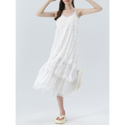 白色吊带连衣裙夏女蕾丝，拼接海边度假沙滩长裙，法式长裙仙女蛋糕裙