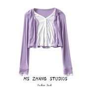 淡紫色针织开衫女春季显瘦香芋，紫复古假两件短款露脐薄外套ins潮