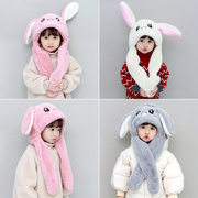 兔头帽子耳朵会动儿童围巾一体帽秋冬季加绒小孩女童男童幼儿宝宝