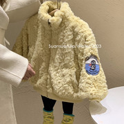 韩系童装女童鹅黄色毛毛衣冬季女宝宝企鹅绣花夹棉保暖外套