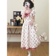 甜草奶酪夏日度假风碎花格纹拼接假两件连衣裙女超仙泡泡袖连衣裙