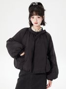 黑色花苞棉服女2023冬季纯色短款加厚抽带圆领插肩袖外套