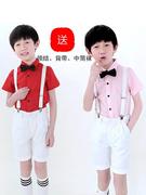 l儿童花童礼服男童粉红，衬短衫白背带裤，主色持钢琴服合唱表演