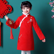 冬季女旗袍孩公主裙拜年服童长袖中国风唐装小加绒汉服儿童红色