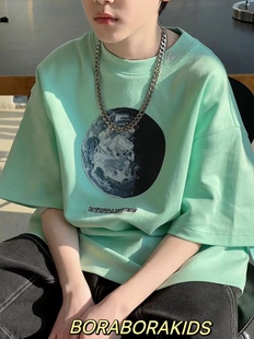 波拉韩国女男孩小中大儿童装夏青少年，初中生亲子星球短袖t恤上衣