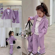 春秋小女孩儿童宝宝时尚韩版紫色长袖西装外套直筒阔腿裤两件套装