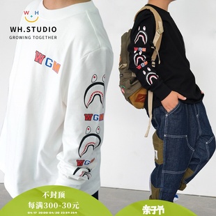 威廉家24春日系潮牌bp男童女儿童装鲨鱼，涂鸦嘻哈纯棉圆领长袖t恤