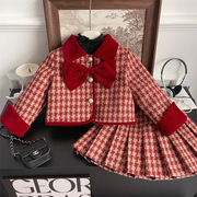 女童小香风套装冬装儿童加厚公主裙子拜年服宝宝红色新年装两件套