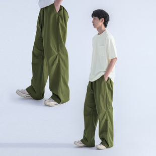 mentmate24ss春季军绿色褶皱，设计抽绳工装裤男百搭休闲宽松长裤