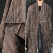 深咖色压痕压褶再造棉麻布，炒色创意中国风，条纹外套服装设计师面料