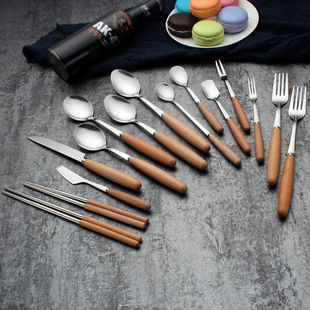 创意榉木西餐牛排叉勺子不锈钢木柄餐具汤勺汤匙圆勺调羹套装