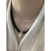 nior.9黑玛瑙爱心纯银，锁骨链小众设计高级感串珠项链毛衣链女