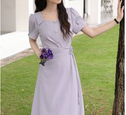 《烟紫鸢尾》法式连衣裙女夏修身显瘦小众设计感方领长裙子