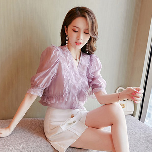 2022夏季超仙上衣韩版V领小衫显瘦淡紫色雪纺衫女短袖