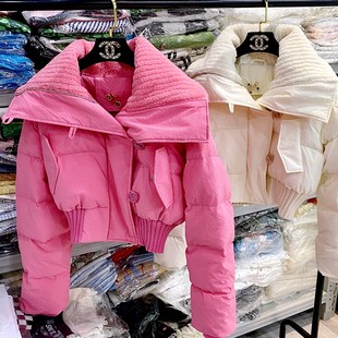 地球店 甜美粉色短款羽绒服外套女秋冬装慵懒风保暖加厚上衣