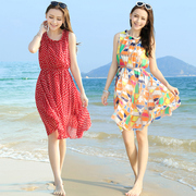 波西米亚背心裙红色，波点无袖雪纺连衣裙夏短款飘逸海边度假沙滩裙