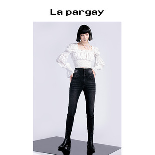 lapargay纳帕佳春季女装黑色，裤子个性时尚撞色洗水牛仔休闲裤