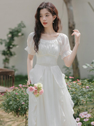 法式白色高腰长裙，仙气裙子公主裙，温柔显瘦短袖连衣裙女夏