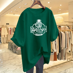 墨绿色中长款纯棉短袖T恤女2024年春季韩版宽松大码半袖上衣