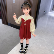 女童连衣裙春秋款洋气，韩版儿童毛衣公主裙女宝宝酒红色针织裙子
