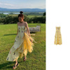 海边度假连衣裙黄色印花吊带收腰长裙沙滩裙女夏季法式古典花裙