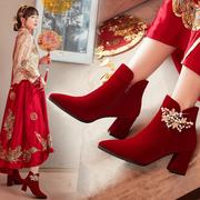 冬季婚鞋新娘鞋女冬天高跟鞋红色靴子粗跟秀禾婚纱两穿结婚靴子
