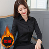 V领黑色衬衫女长袖秋冬加绒加厚保暖白衬衣韩版职业正装工装