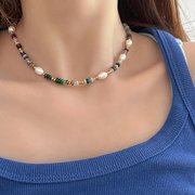 天然石彩色串珠石头项链女时尚高级感精致叠戴锁骨链淡水珍珠颈链