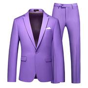 男士大码西服两件套2024春秋一粒扣西装纯色职业正装紫色外套