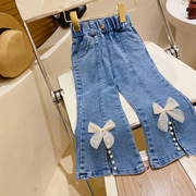 女童荷珍珠蝴蝶结喇叭裤，2024夏季款裤子女宝宝，时尚甜美小童牛仔裤