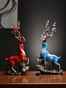 创意陶瓷工艺品鹿摆件家居客厅，酒柜玄关招财，红色梅花鹿装饰送