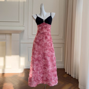 法式蝴蝶结吊带立体花朵，玫瑰礼服名媛风，连衣裙粉色仙女长裙68446