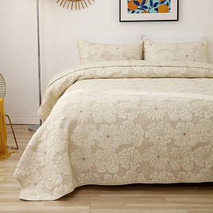 外贸绣花米色纯棉衍缝被美式床盖三件套全棉绗缝被空调被夹棉床单