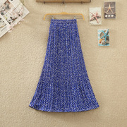 蓝色碎花半身裙女秋季高腰小个子裙子沙滩裙雪纺中长款百褶裙