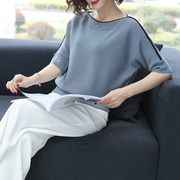 冰丝t恤女2022韩版宽松短袖一字肩上衣薄蝙蝠针织衫宽松中袖
