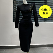 新中式国风复古高级感黑色，立领盘扣竹纹改良旗袍，连衣裙子女秋冬季