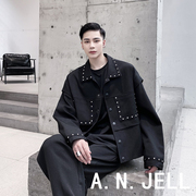 韩国版男装东大门20秋潮学生明星发型师个性，拼接铆钉宽松夹克外套
