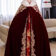 红色秀禾服披风中式新娘婚礼毛披肩斗篷保暖加厚毛领汉服女披风冬