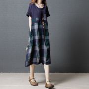 夏季韩版宽松大码女装中长款过膝短袖时尚格子拼接棉麻连衣裙
