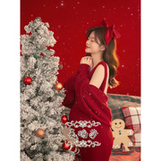 影楼孕妇拍照服装圣诞主题新年红色毛衣情侣套装大肚居家摄影