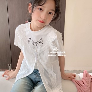 韩系女童蕾丝吊带背心开衫短袖T恤中大童日系叠穿罩纱24年春夏