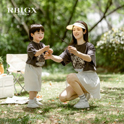 RBIGX瑞比克夏季一家三口亲子装男女儿童圆领T恤母子短袖套装
