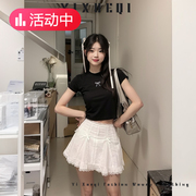 YIXQ蝴蝶结蕾丝花边白色裙子半身裙女夏季高腰显瘦A字短裙