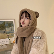 小熊帽子围巾手套一体，三合一女冬季韩版百搭加绒加厚连帽保暖围脖