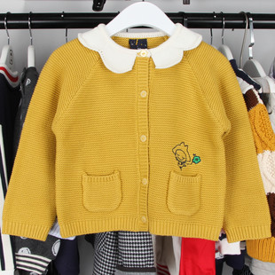 韩版童装2021春黄色娃娃领女童针织开衫上衣儿童刺绣毛衣