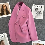 香港年紫粉色西装外套女春秋双排扣设计感时尚气质百搭小西服