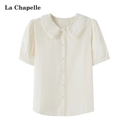 拉夏贝尔lachapelle夏季衬衣，娃娃领泡泡袖镂空蕾丝，边衬衫上衣女