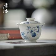 青亦丨手绘青花盖碗，高足釉下彩熊猫，戏竹白瓷泡茶碗趣味功夫茶具