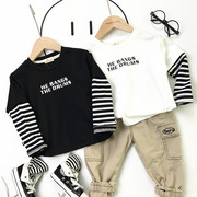 黑白2色条纹拼接袖，百搭圆领套头长袖t恤男童宝宝假两件打底衫上衣
