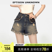 EPTISON牛仔短裤女2024夏季复古水洗刺绣设计感直筒辣妹裤子